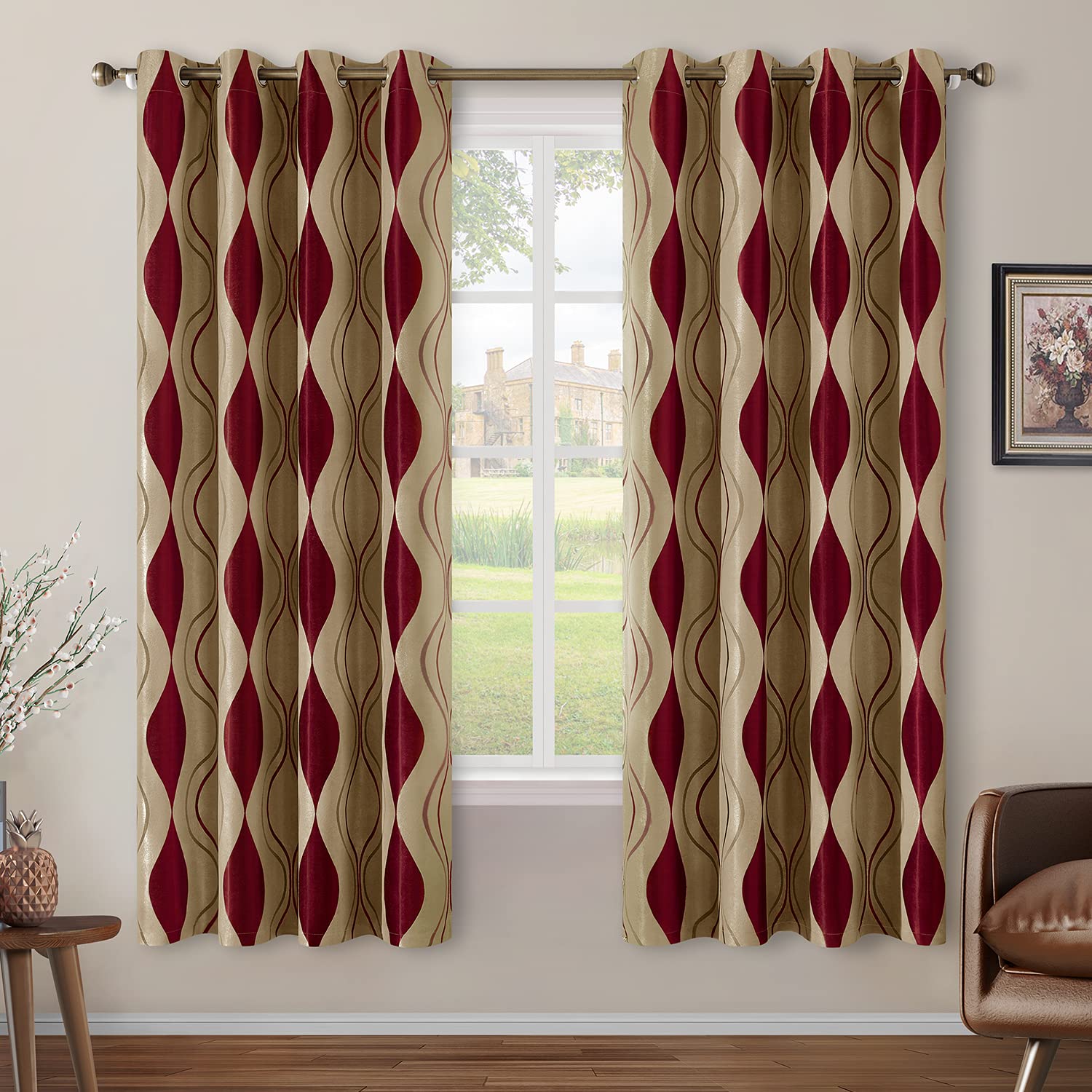 Homeideas Wave Room Darkening Curtains 52 X 63 Inch Length Burgundy And Beige Set Of 2 Panels Bedroom Curtains/Drapes,Jacquard G
